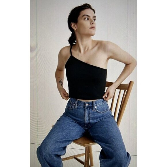 Madewell One Shoulder Crop Tank Top in Sleekhold Rib Knit Black Size XS - Picture 1 of 7